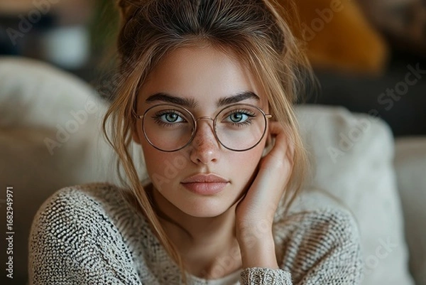 Fototapeta Serious young woman in glasses and casual clothes, sitting on the sofa at home, gazing intently at the camera with one hand near her chin, Generative AI