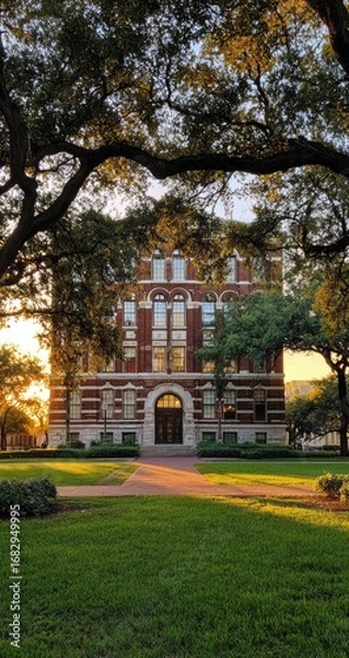 Fototapeta Sunset view of a historic brick building on a university campus, framed by large trees
