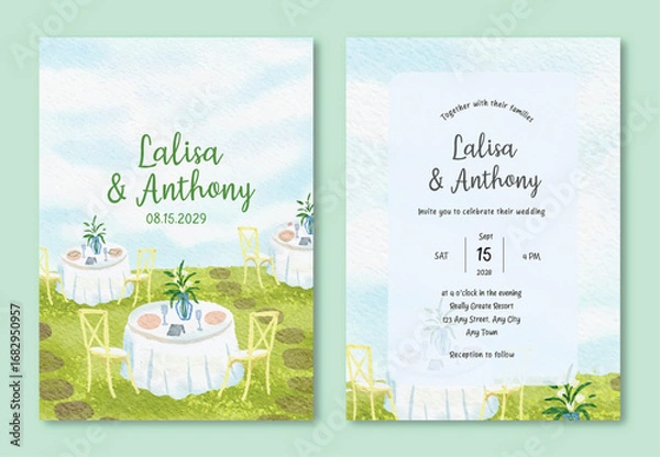 Fototapeta Watercolor Artistic Wedding Invitation Card Template with Garden Party Scene