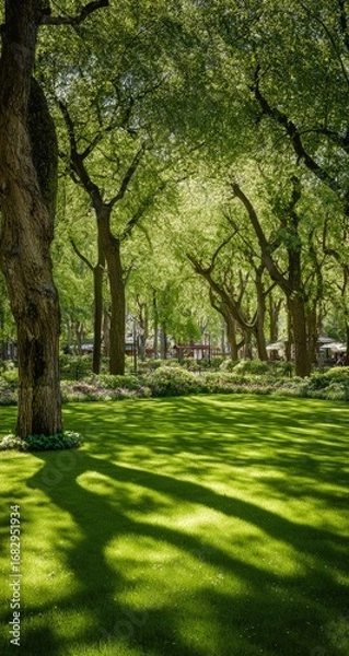 Fototapeta Sunny park scene with dappled shadows. Lush green trees and grass