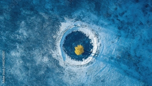 Fototapeta Aerial view of a single yellow leafed tree in a circular clearing,  winter landscape