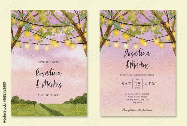 Obraz Artistic Watercolor Wedding Invitation Card with String Lights and Nature Scenery