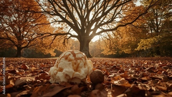 Fototapeta Ice cream scoop melting on autumn leaves with a large tree in the background during sunset