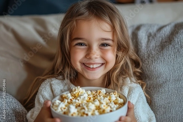 Fototapeta Young smiling girl resting at home, seated on the sofa, holding a bowl of popcorn and enjoying snacks, Generative AI
