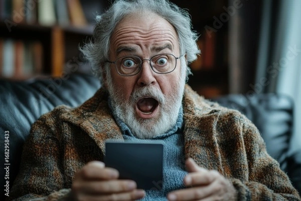 Fototapeta Scared gray-haired man using a credit card through a mobile app, sitting on a sofa at home, Generative AI