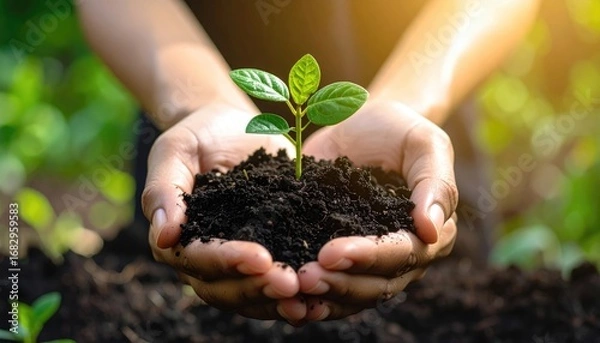 Fototapeta Close-up of hands holding dark soil with a small, bright green seedling, sunlight shining through. Warm, hopeful, and natural atmosphere