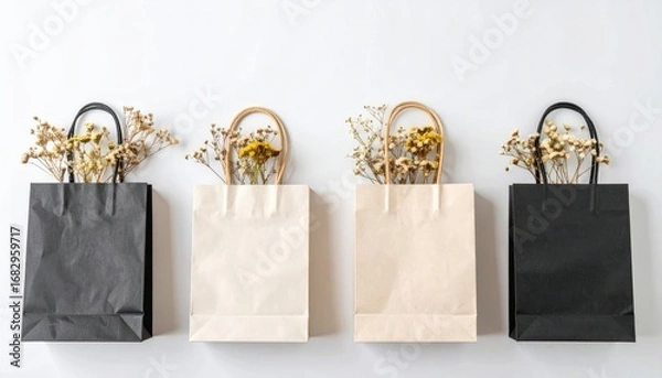 Fototapeta Four paper shopping bags, two black, two beige, sit side-by-side, each holding dried flowers, against a white backdrop in soft, diffused lighting