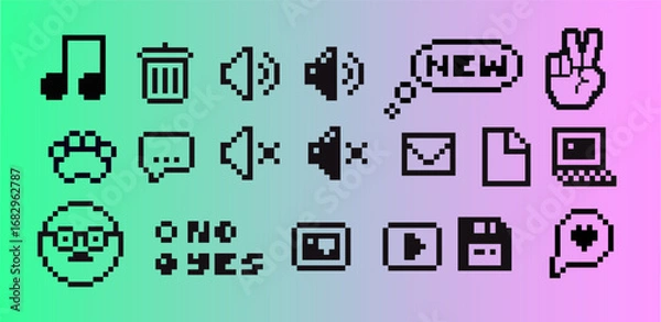 Fototapeta A collection of retro pixelated user interface icons. Creative digital assets for web and app design with a nostalgic 90s aesthetic for your DIY digital projects