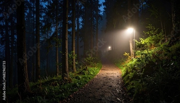Fototapeta Night forest path illuminated by a single lamp casts a warm glow on a dark, misty scene. Tall trees line the shadowy trail