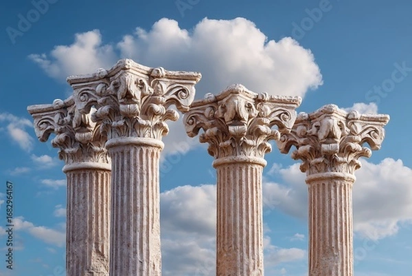 Obraz Four classical columns stand against a bright blue sky with fluffy clouds, symbolizing ancient architecture.