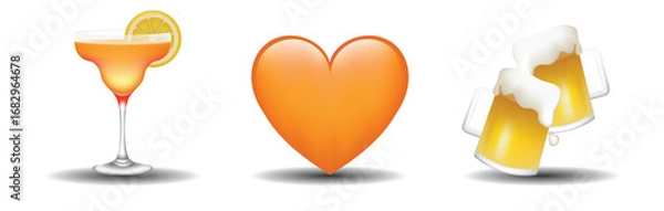 Fototapeta Orange color heart shape, cocktail glass with lemon slice and two glasses with fresh yellow beer. 