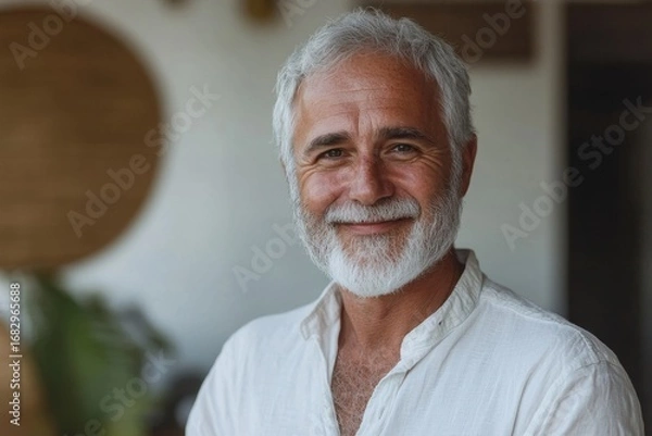 Fototapeta Close-up of a smiling senior retired man in a white shirt and gray hair, using his smartphone at home, Generative AI
