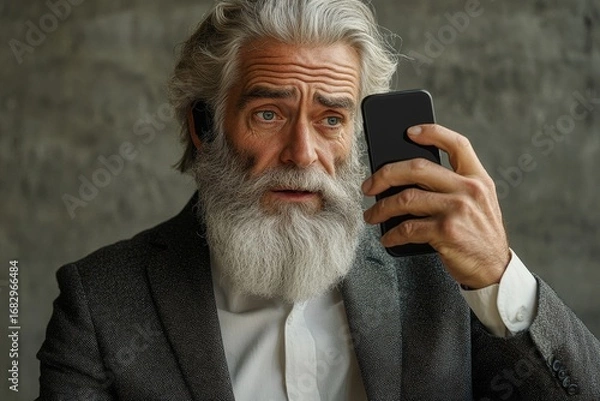 Fototapeta Serious senior male businessman holding a phone, looking troubled while rubbing his gray beard and speaking on a video call, Generative AI