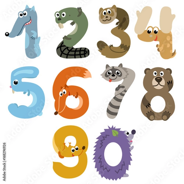 Obraz Numbers like European forest animals / Solid fill cartoon illustration of numbers
