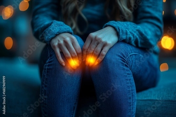 Fototapeta Close-up of young womans hands resting on her , seated on a sofa at home, experiencing severe pain and discomfort, Generative AI