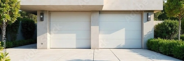 Fototapeta Modern double garage doors open to reveal a clean, spacious driveway, bathed in sunlight Ideal for home improvement, real estate, and architectural projects , real estate, bright