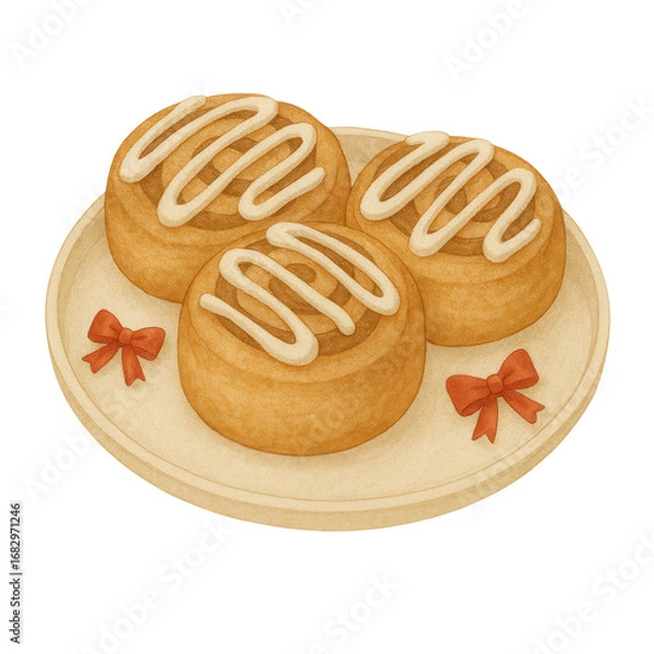Fototapeta Watercolor illustration of three cinnamon rolls with icing on a wooden plate, decorated with red bows. Perfect for bakery menus, holiday cards, invitations, and festive designs.