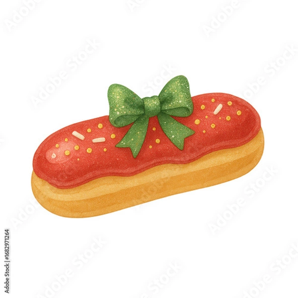 Fototapeta Watercolor illustration of an eclair topped with red icing, colorful sprinkles, and a sparkling green bow. Perfect for holiday cards, bakery menus, and festive dessert designs.