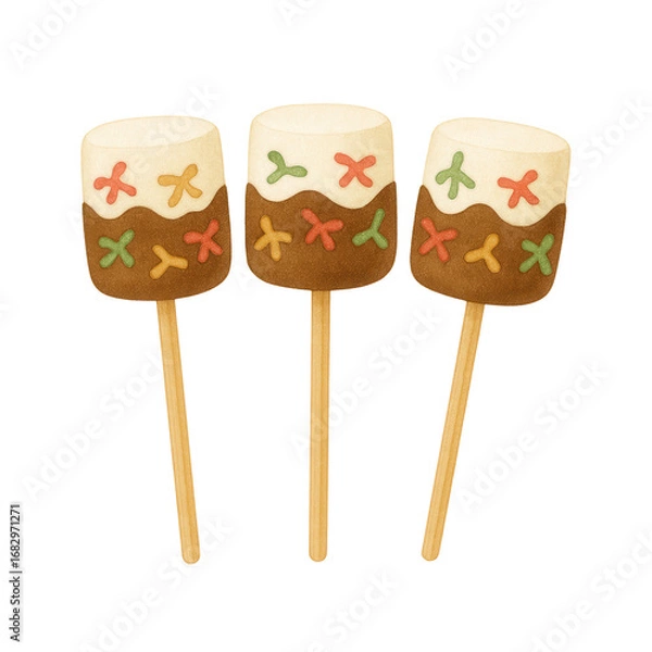 Fototapeta Three marshmallow pops on sticks, decorated with colorful sprinkles and icing. Perfect for holiday parties, dessert menus, invitations, and festive food designs.