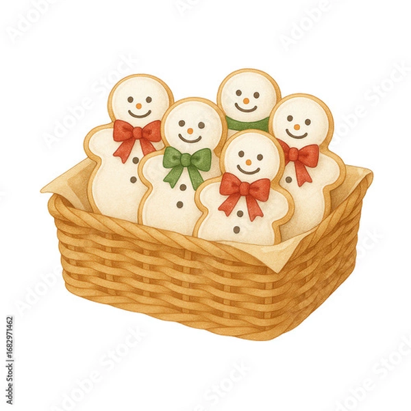 Fototapeta Watercolor illustration of a basket filled with smiling gingerbread men cookies decorated with red and green bows. Perfect for Christmas, holiday cards, bakery menus, and festive designs.