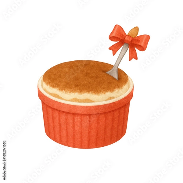 Fototapeta Watercolor illustration of a fluffy souffle in a red ramekin, topped with a spoon decorated with a red bow. Perfect for bakery menus, dessert cards, and festive food designs.