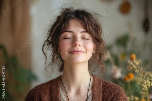 Fototapeta Woman practicing mindfulness and relaxation at home, eyes closed in a serene and peaceful moment, Generative AI