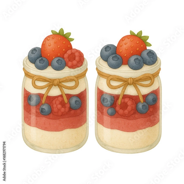 Fototapeta Watercolor illustration of two parfait jars layered with cream, strawberries, blueberries, and raspberries, decorated with bows. Perfect for bakery menus, cards, and dessert designs.