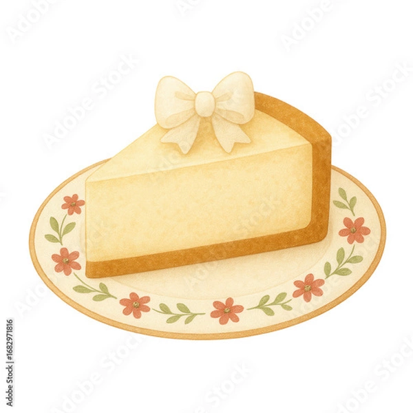Fototapeta Watercolor illustration of a cheesecake slice topped with a decorative bow, served on a floral plate. Perfect for bakery menus, dessert cards, invitations, and festive food designs.