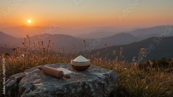 Fototapeta Sunset over mountains with a rolling pin and bowl of flour on a rock, capturing nature's beauty