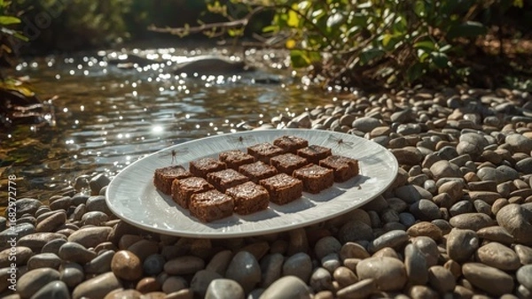 Fototapeta Delicious chocolate squares arranged on a plate, set beside a tranquil stream with pebbles and greenery