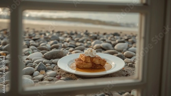 Fototapeta Delicious French toast with whipped cream served on a plate, framed by a window overlooking a pebbly beach at sunset