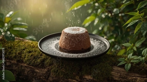 Fototapeta Chocolate dessert on a mossy log surrounded by lush greenery, with soft rain falling in the background