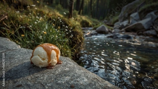 Fototapeta Ice cream melting on a rock by a serene stream, surrounded by lush greenery and wildflowers