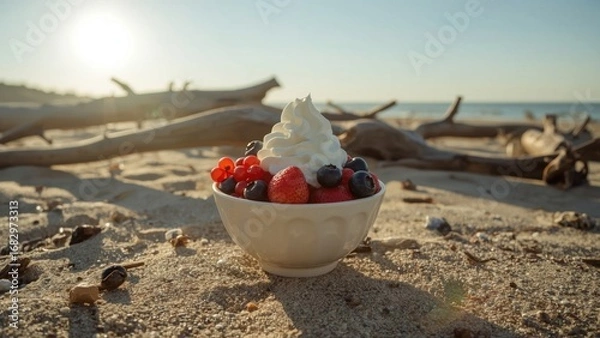 Fototapeta Delicious frozen yogurt topped with fresh berries on a sandy beach during sunset with driftwood