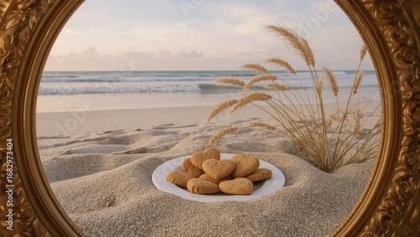 Fototapeta Framed view of heart-shaped cookies on a plate resting on sandy beach, with waves and grass in background