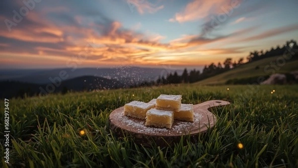 Fototapeta Delicious dessert squares dusted with powdered sugar on a wooden board against a vibrant sunset backdrop