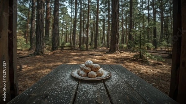 Fototapeta A rustic wooden table in a serene forest setting, featuring a plate of powdered pastries surrounded by tall trees