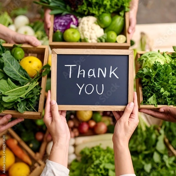 Fototapeta Hands holding a chalkboard with "Thank You" message, surrounded by fresh produce