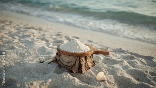 Fototapeta A wooden scoop filled with fine white sand placed on a beach, with gentle waves lapping in the background