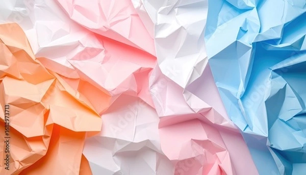 Fototapeta Close-up of crumpled paper in various pastel hues, featuring shades of peach, white, pink, and light blue, creating an abstract textural background