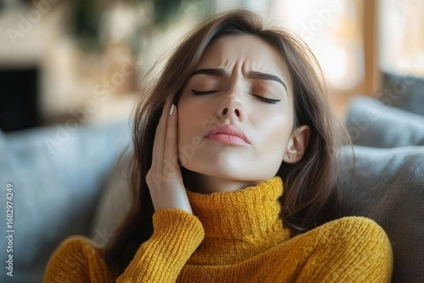 Fototapeta Woman showing signs of throat discomfort while sitting on the couch in a home environment, Generative AI