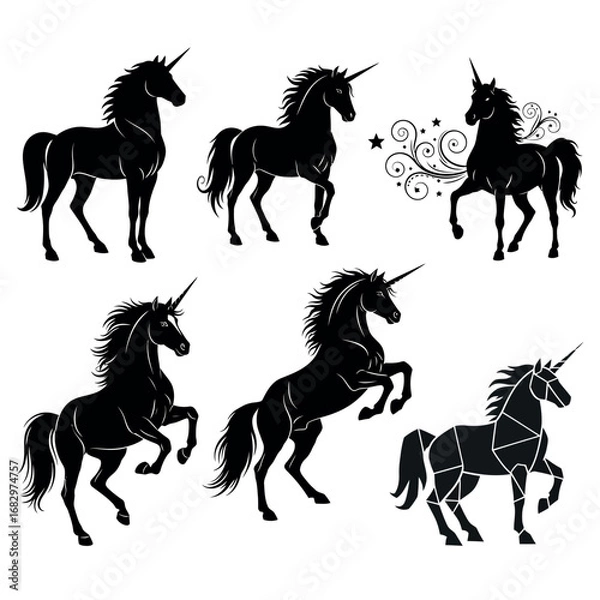 Fototapeta Vector illustration of collection of black unicorn silhouettes in various poses on