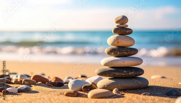 Fototapeta Stacked smooth pebbles on a golden sandy beach, with a blurred turquoise ocean and sunny sky in the background, conveying serenity and balance