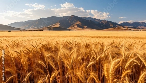 Fototapeta Golden wheat field stretches towards distant mountains under a clear, slightly cloudy sky, showcasing a warm, serene landscape