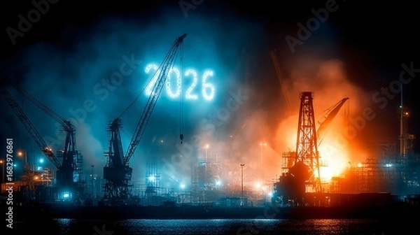 Obraz Futuristic Night Scene with Lit 2026 over Industrial Area. 2026 Happy New Year in Glow Blue Neon Lights Construction industry concept.