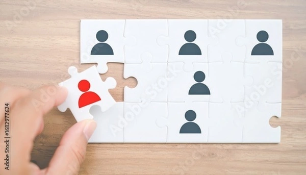 Fototapeta Hand placing a red figure jigsaw piece in a puzzle with gray figures on wood. Symbolizes team, unique talent, or recruitment