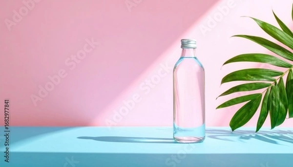 Fototapeta A glass water bottle sits on a turquoise surface with a pink wall backdrop and palm leaves casting shadows in bright, minimalist sunlight