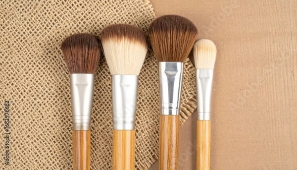 Fototapeta Four makeup brushes with wooden handles on a textural background of burlap and brown paper, showcasing textures and natural tones