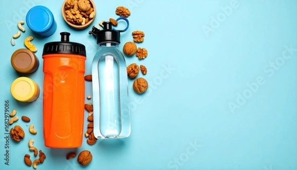 Fototapeta Refreshment Two water bottles, a bowl of nuts, and colorful containers are arranged neatly on a bright cyan background, offering a vibrant and healthy vibe