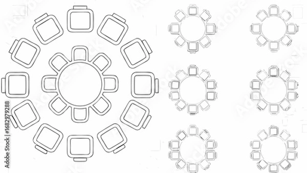 Fototapeta A presentation of multiple round tables with chairs arranged around them in a white background view top